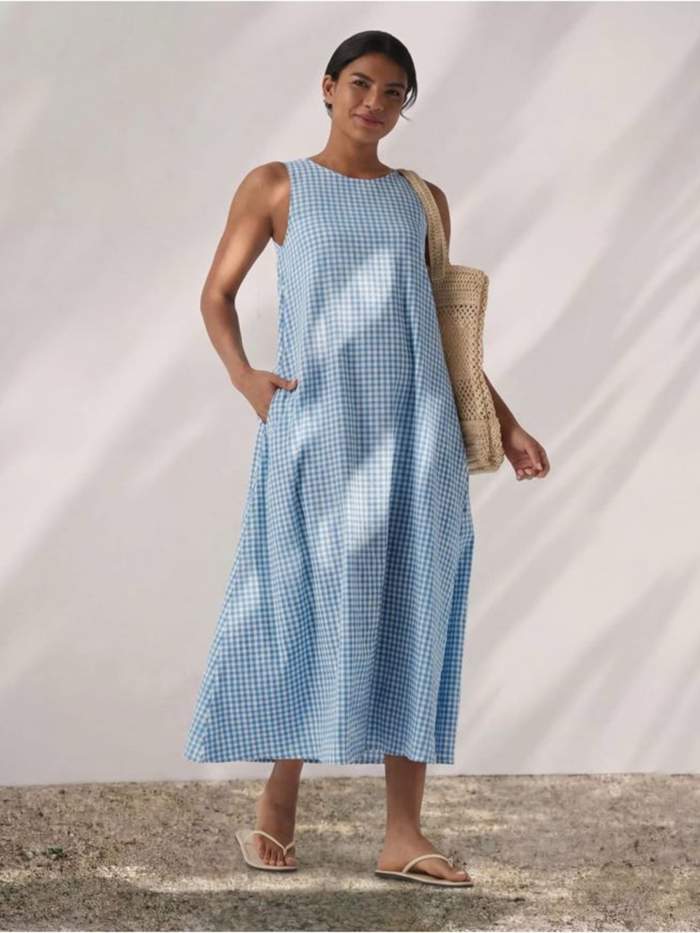 NWT Halara Round Neck Sleeveless Midi Crinkle Gingham Casual Tank Dress Large